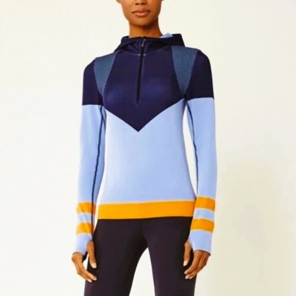 NWOT Tory Burch Sport Seamless Hooded Half-Zip Pullover – Blue & Orange Size S - Picture 1 of 8